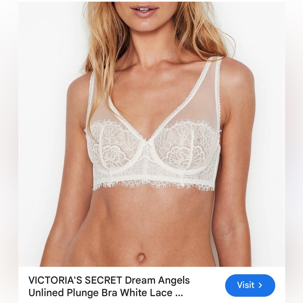 Victoria's Secret Dream Angels White Lace Unlined Plunge Bra set 32D/XS NWT